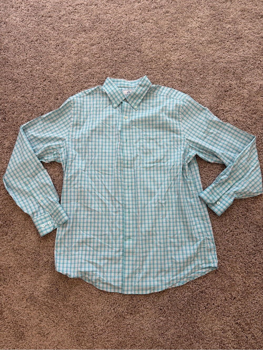 Men's Light Blue and Red Plaid Button-Down Shirt